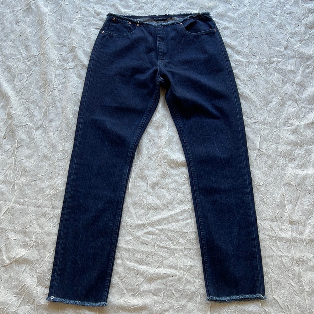 ASOS Dark Wash Mid-Rise Raw Waistband Straight Leg Jeans Size 10